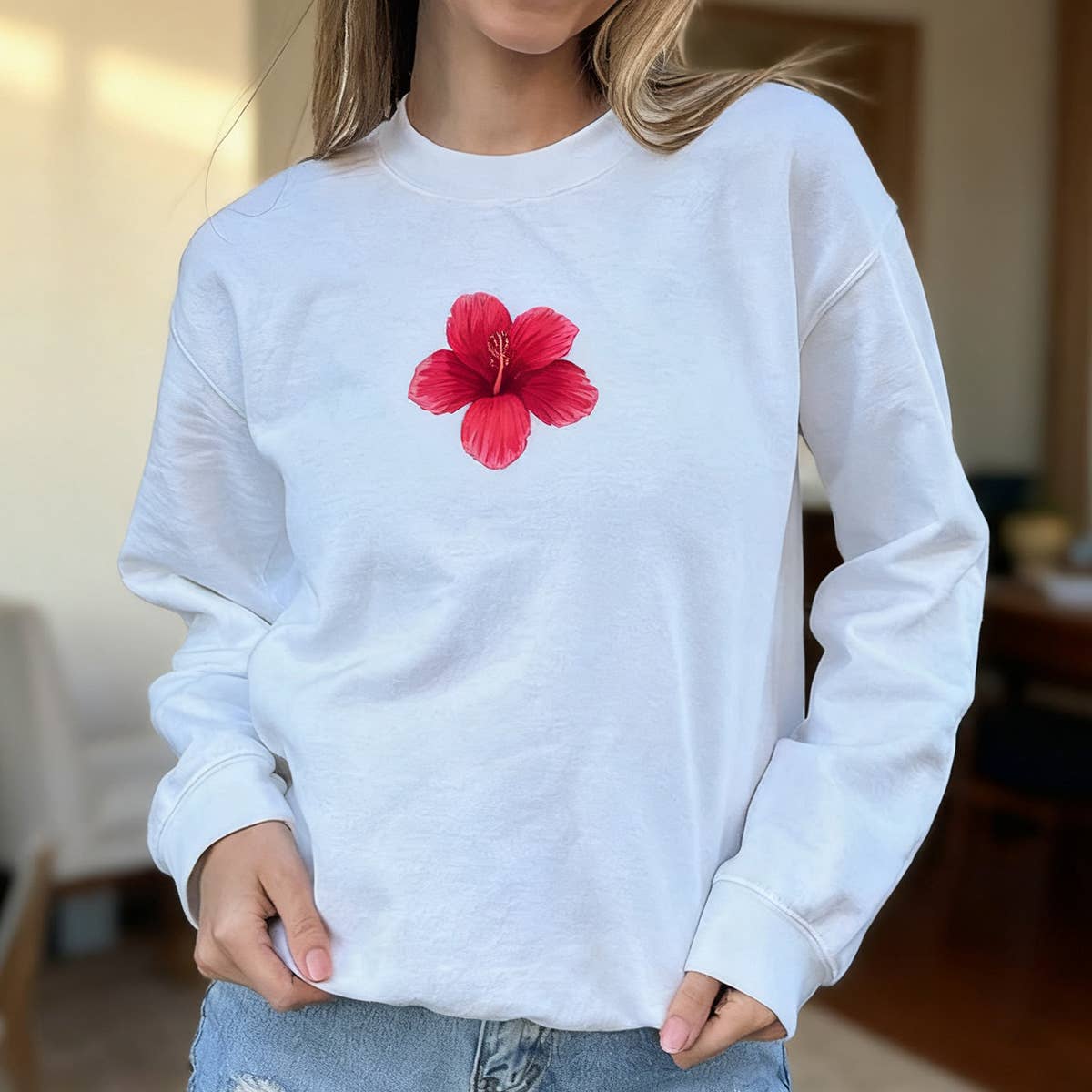 Flower-printed off-the-shoulder sweatshirt