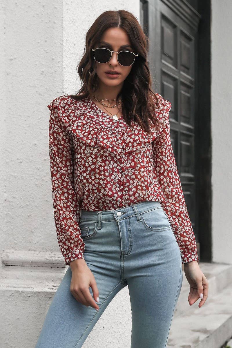 CWTBLL0708_V-Neck Ruffle Long Sleeve Print Blouse