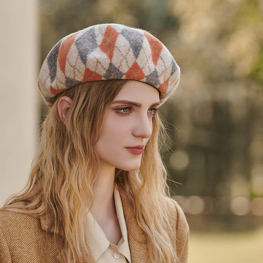 PLAID BERET THICKENED WARM CONTRAST PAINTER HAT_CWAH1098