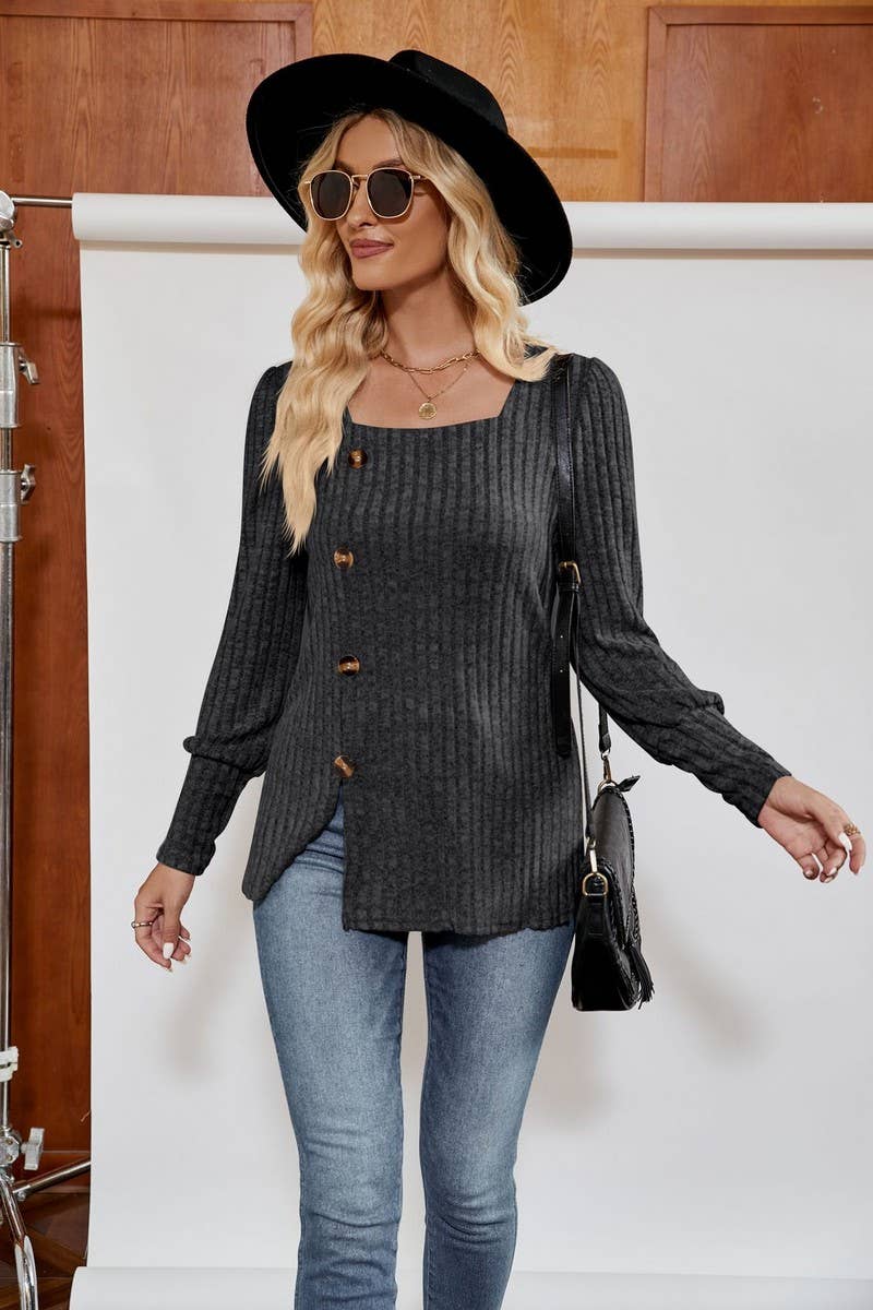 CWTBLL4014_RIBBED SQUARE NECK PUFF SLEEVE SPLIT HEM TOP