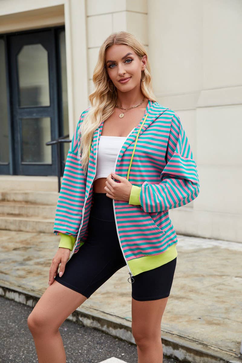CWOHOL0727_STRIPED HOODED COLORBLOCK LONG SLEEVE SWEATSHIRT