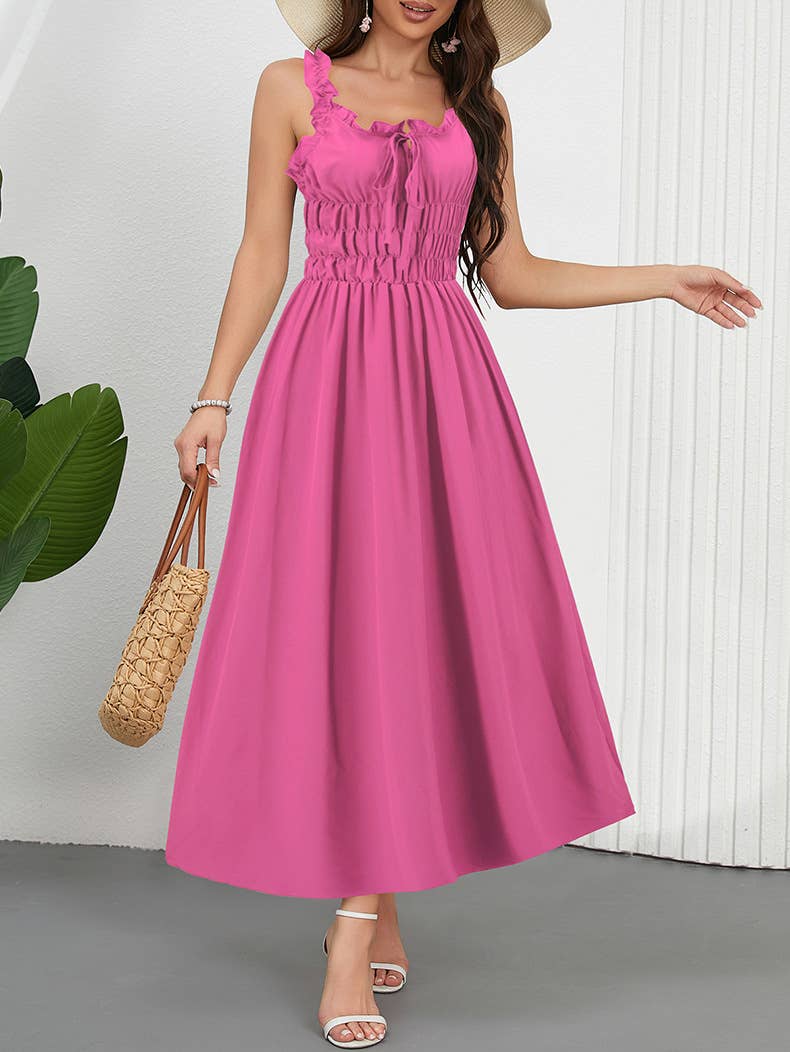 Casual Solid Color Waist-Tie Long Maxi Dress