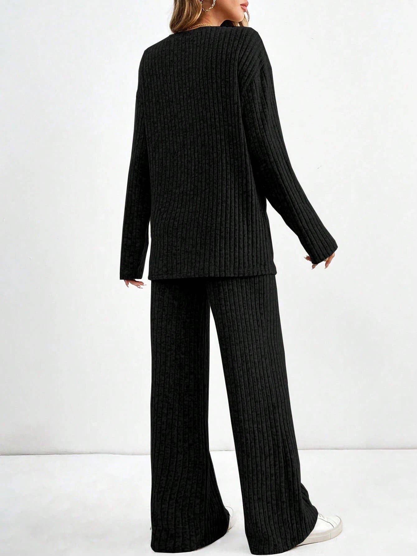 Casual straight-leg pants V-neck striped suit