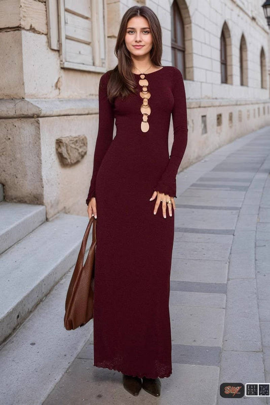 CWDMD6373_CUTOUT NECKLINE SLIM FIT LONG SLEEVE DRESS