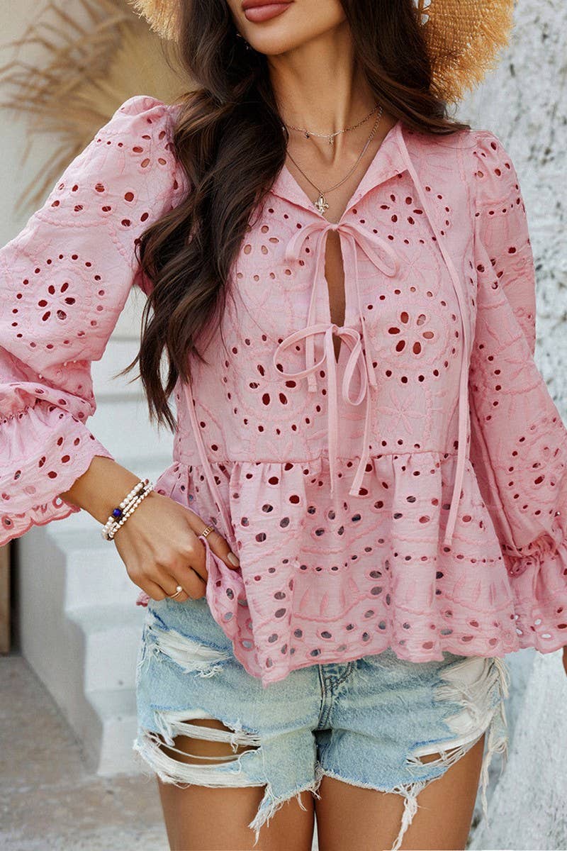 CWTBLL3595_LOOSE TIE SOLID COLOR HOLLOW TOP SHIRT