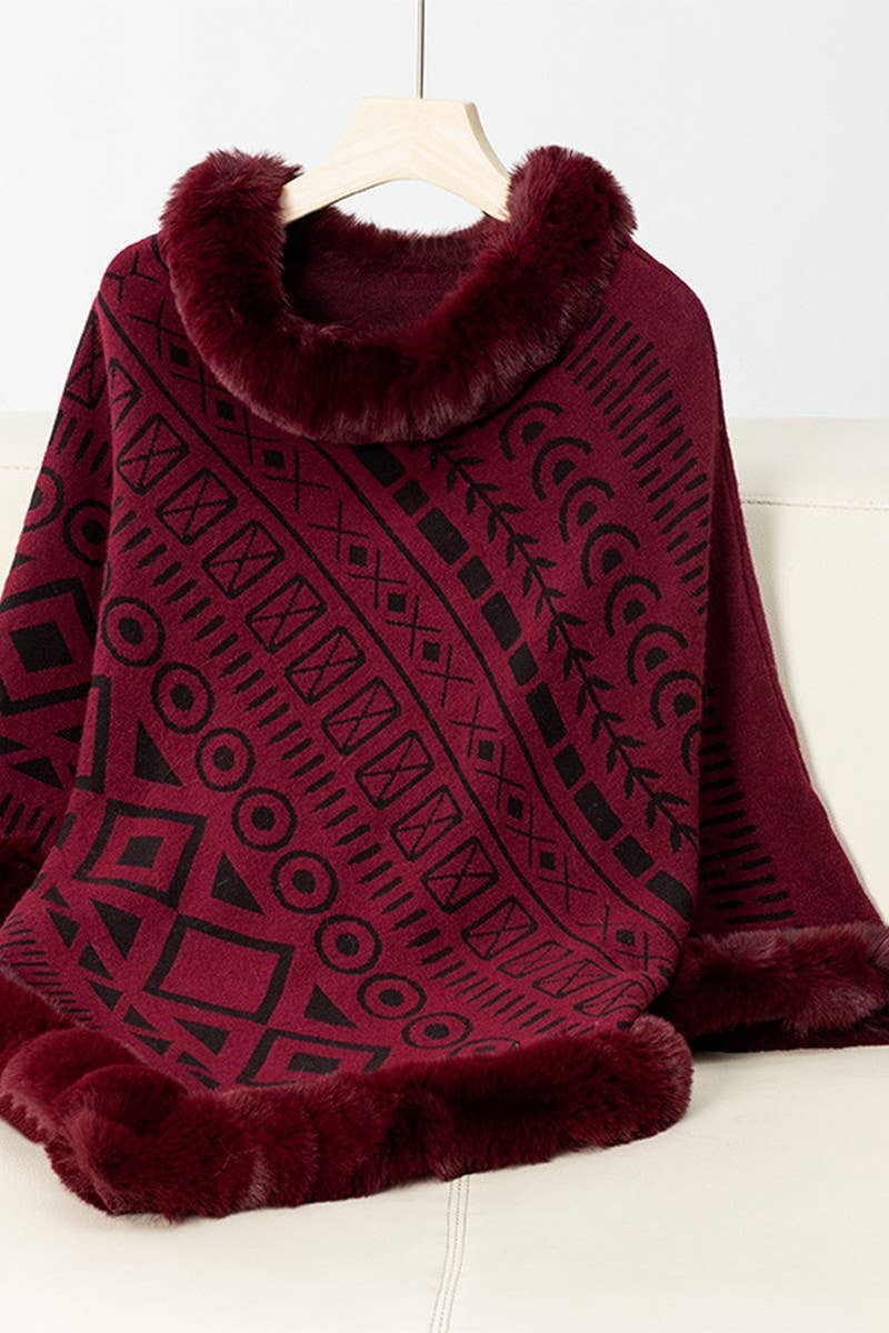 CWOSWS0094_FUR COLLAR GEOMETRIC PATTERN SWEATER SHAWL
