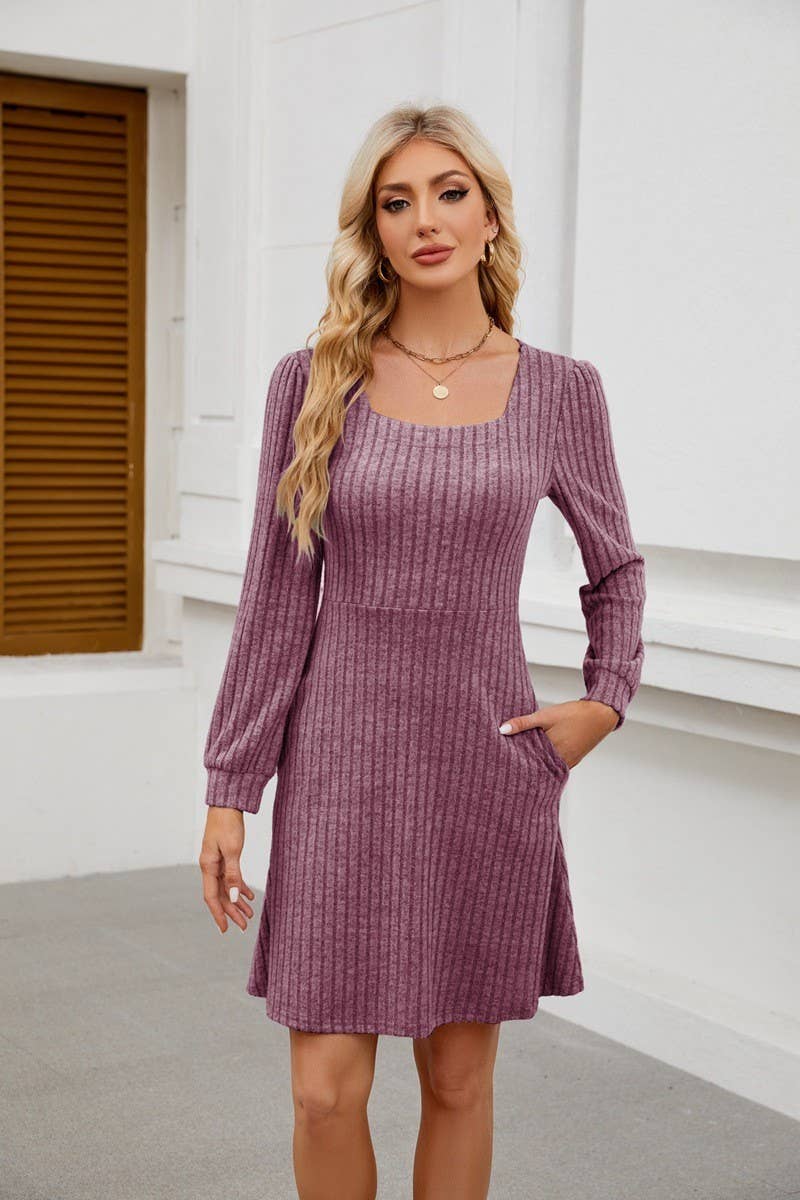 CWDSD8812_SQUARE NECK POCKET KNIT LONG SLEEVE CASUAL DRESS