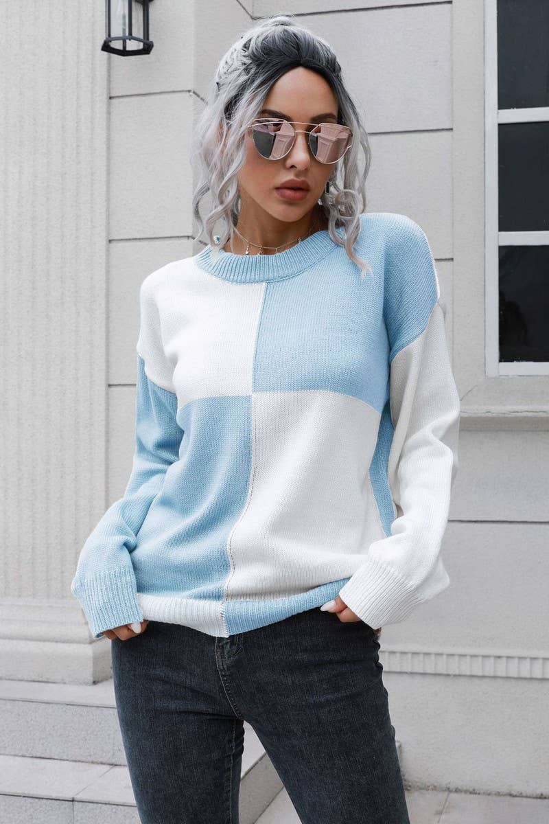 CWOSWL3892_CHECKERBOARD CREW NECK  KNIT PULLOVER SWEATER
