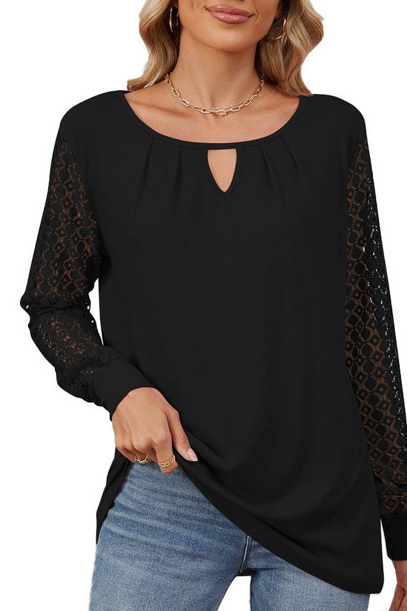CWTBLL2366_SOLID COLOR LACE PATCHWORK LOOSE LONG-SLEEVED TOP