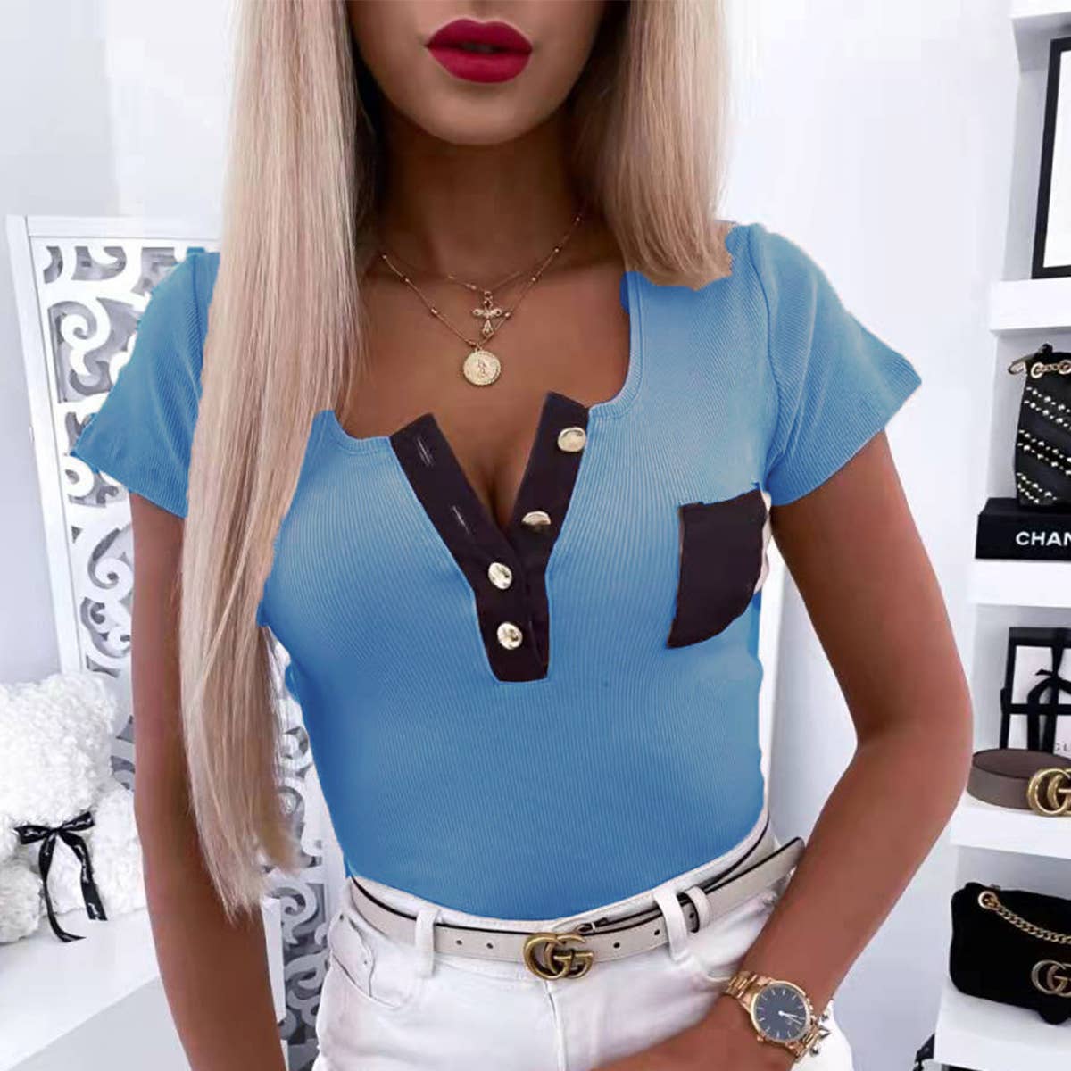 FASHION THREAD SLIM BUTTON T-SHIRT BLOUSE