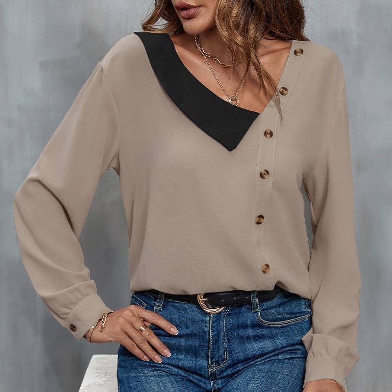 Button-decorated V-neck long-sleeved shirt