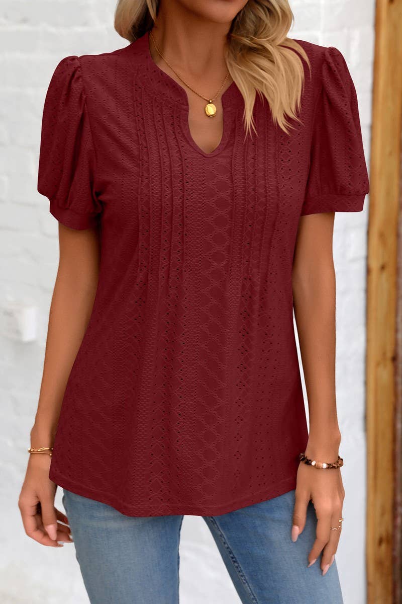 CWTBLS0794_SOLID COLOR V NECK LOOSE SHORT SLEEVED TOP