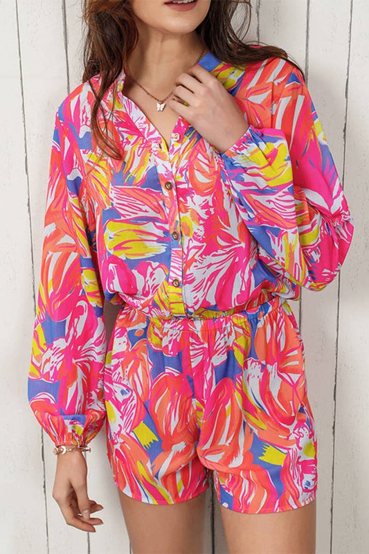 CWSS0732_V-NECK LONG SLEEVE PRINTED TOP SHORTS SUIT