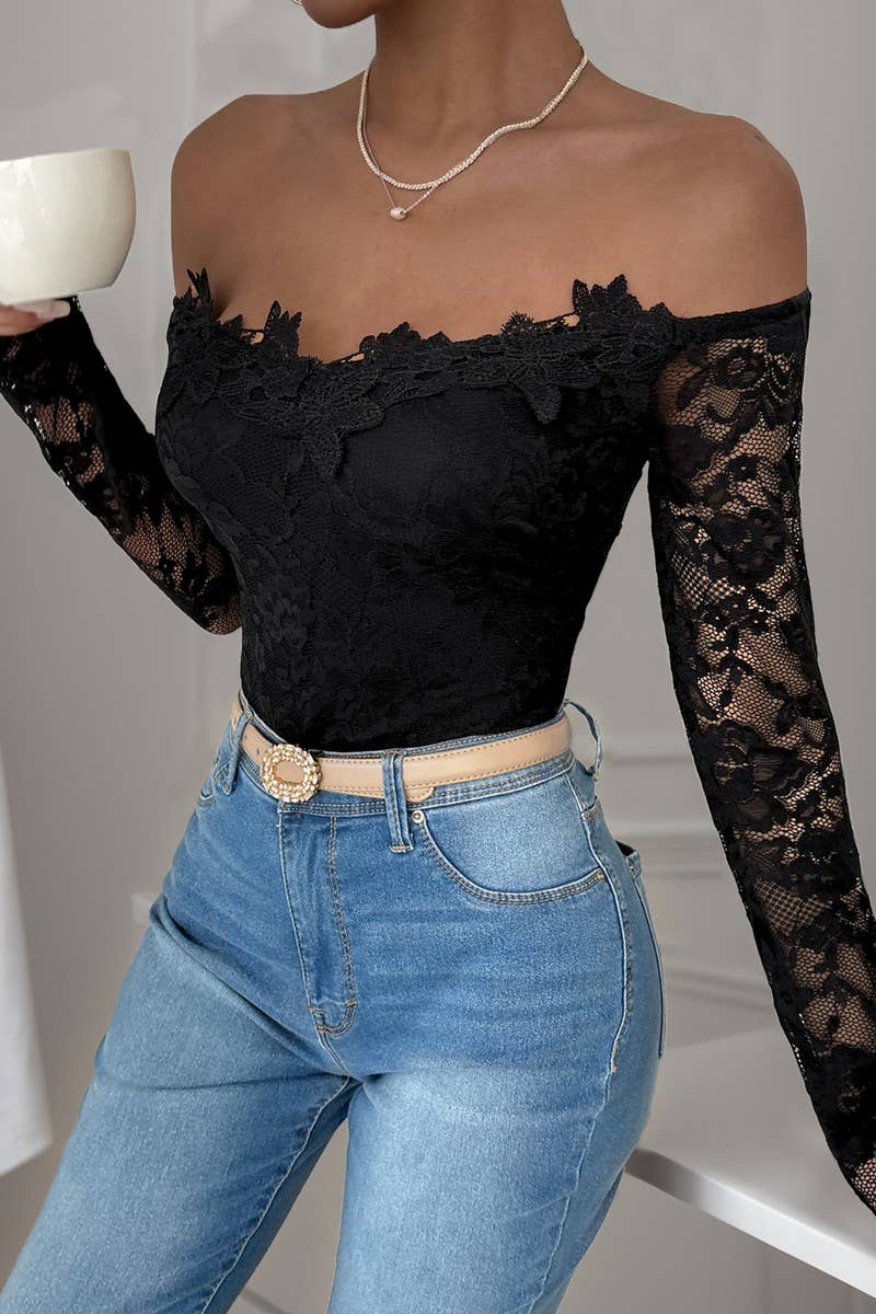 CWSJS1195_OFF-THE-SHOULDER LACE TRIM LONG-SLEEVED BODYSUIT