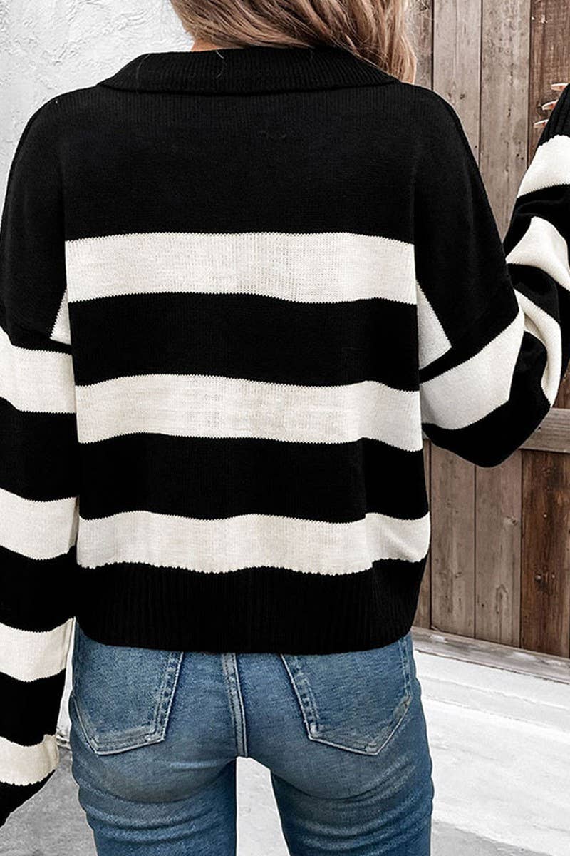 CWOSWL2785_LOOSE BLACK AND WHITE STRIPED LAPEL KNIT TOP