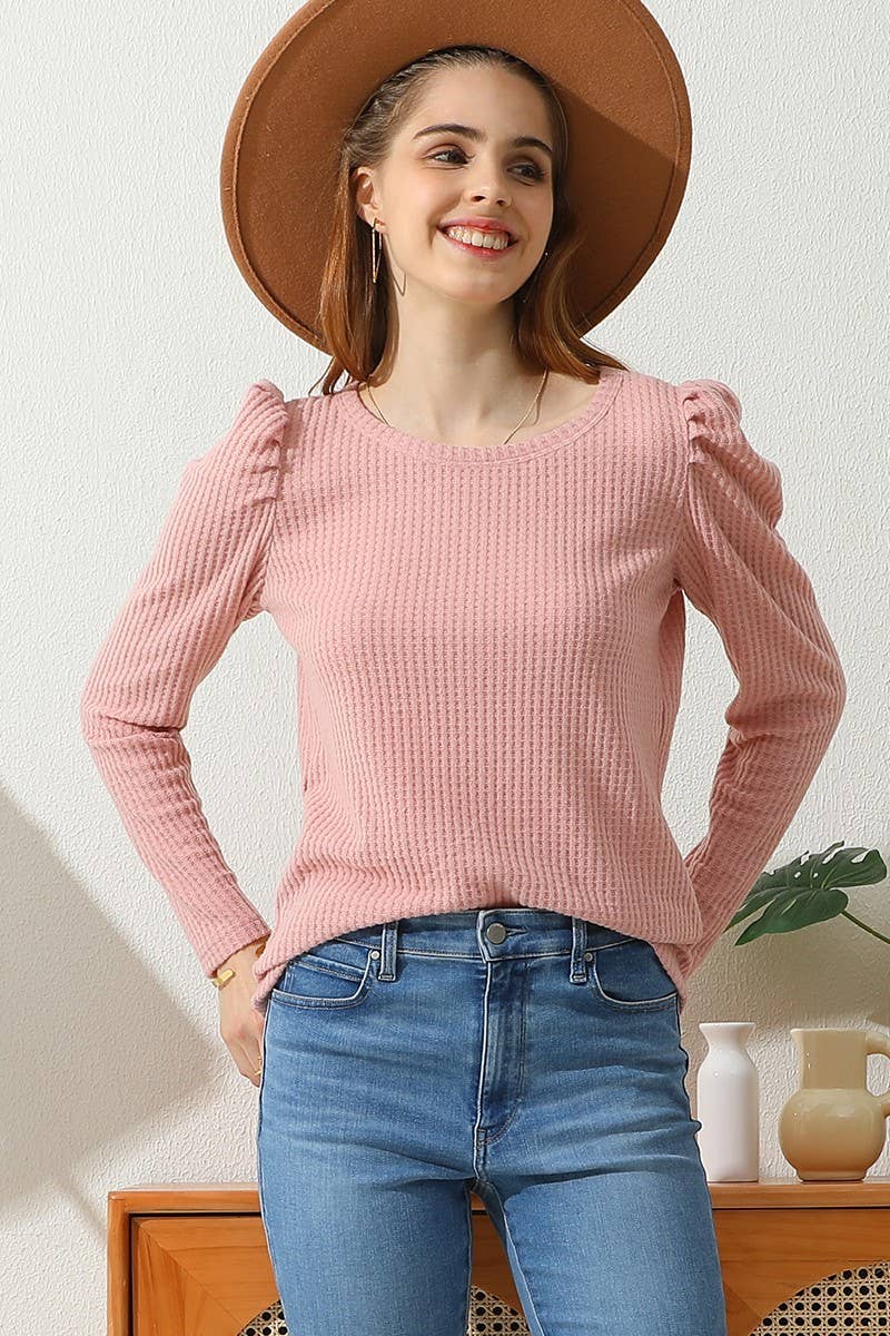 CWTTL913_PUFF SHIRRING LONG SLEEVE KNIT TUNIC WAFFLE TOP
