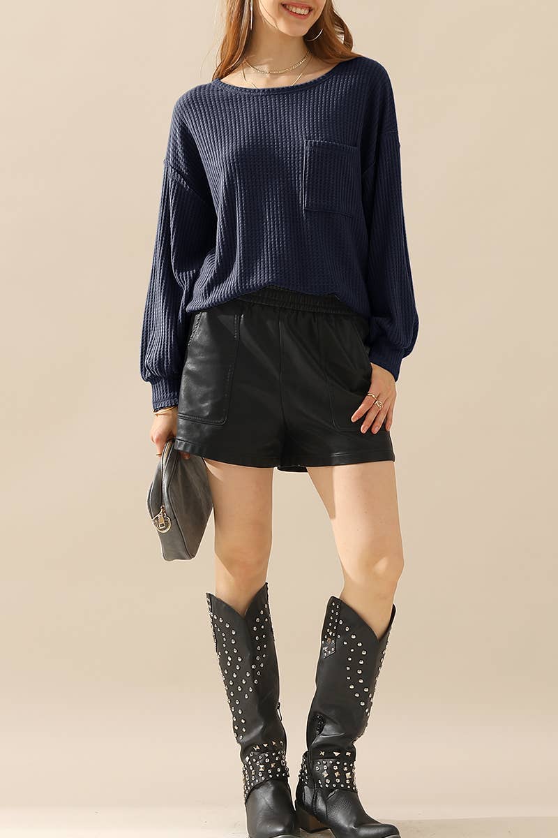 CWTTL1097_SHIRING CUFF R NECK SWEATER KNIT TOP