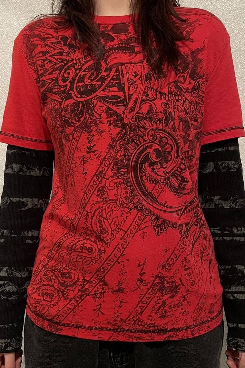 CWTBLL3163_ROUND NECK FAKE TWO PIECE PATCHWORK PRINTED TOP