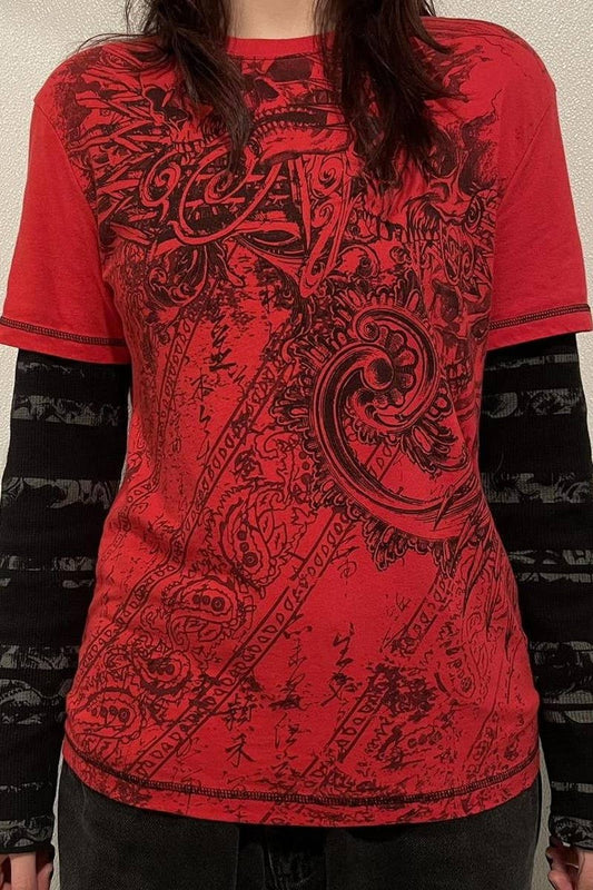 CWTBLL3163_ROUND NECK FAKE TWO PIECE PATCHWORK PRINTED TOP