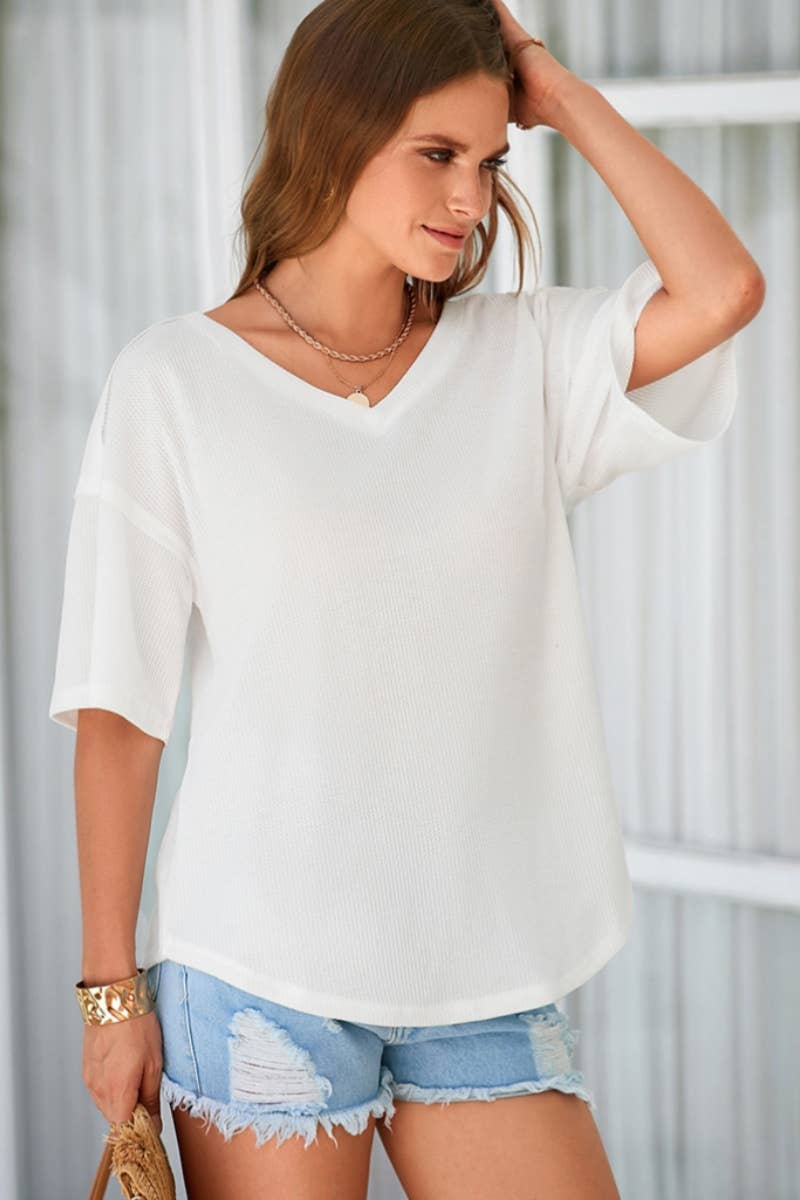 CWOSWS0099_KNIT V-NECK BAT-SLEEVED LOOSE MID-SLEEVED TOP