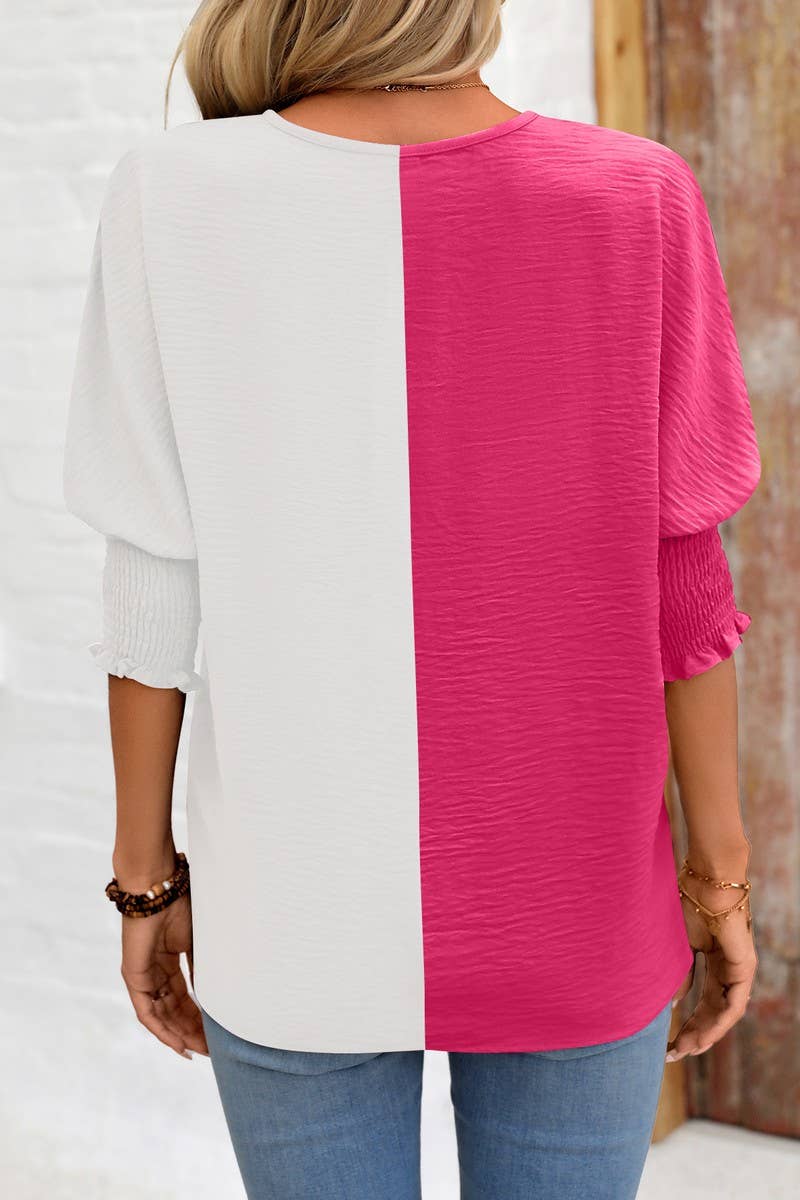 CWTBLS1501_COLORBLOCKED COLLAR LOOSE-FITTING BAT-SLEEVE TOP