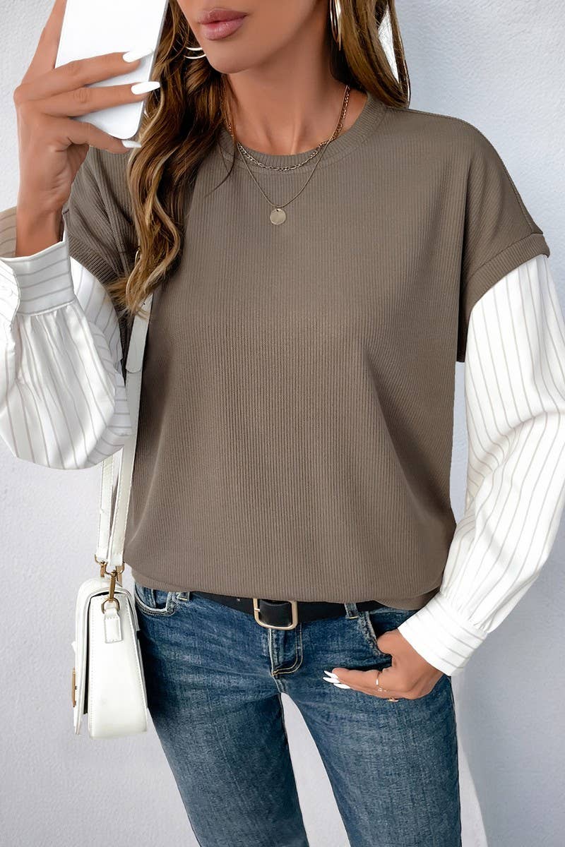CWTBLL3737_CASUAL LONG-SLEEVED FAKE TWO-PIECE SWEATSHIRT