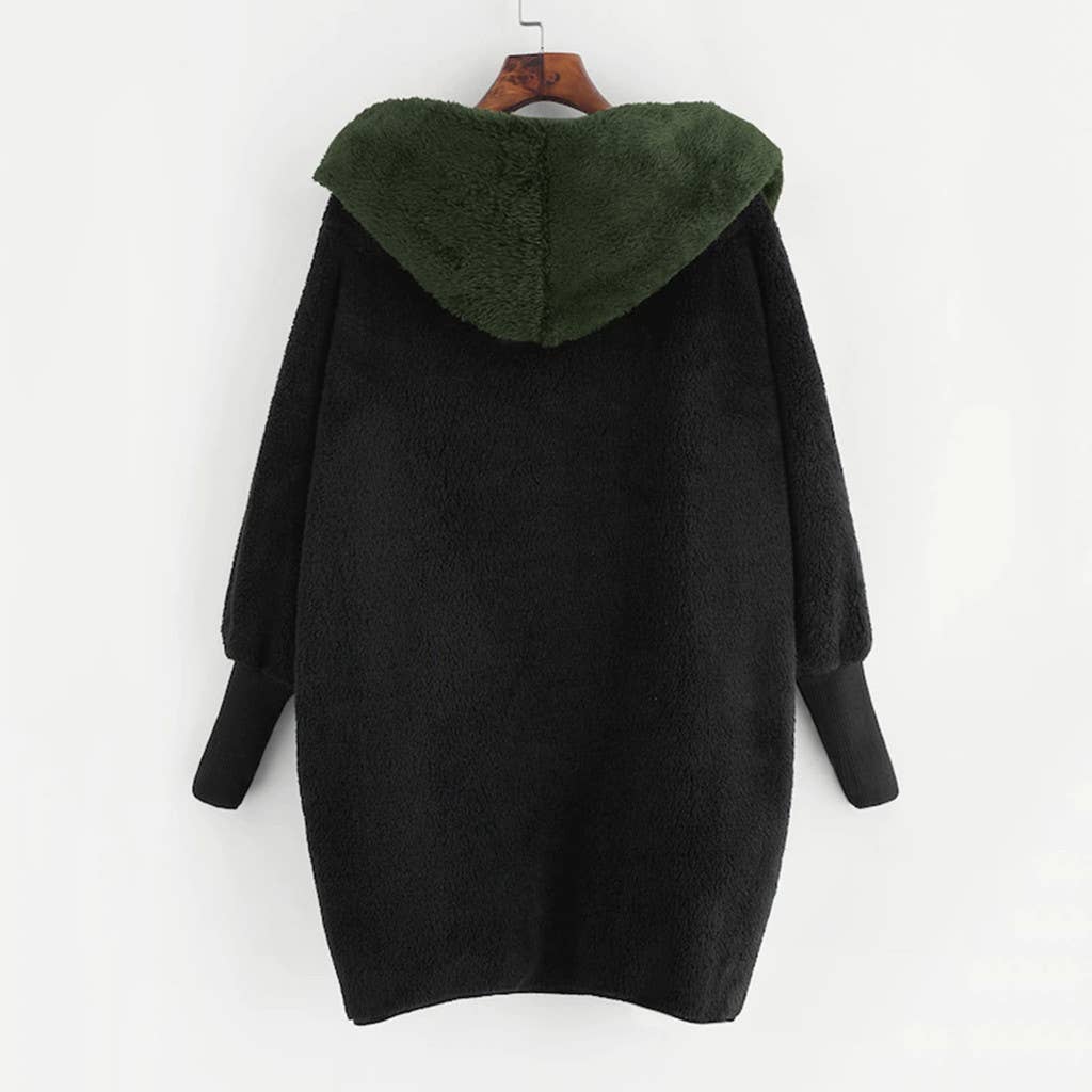 Color matching fleece hooded loose cardigan coat
