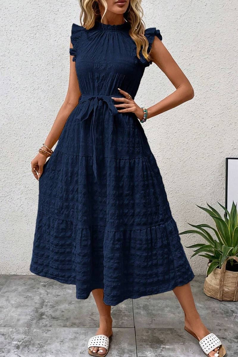 CWDMD2747_SUMMER WOODEN EAR EDGE LACE-UP DRESS LONG