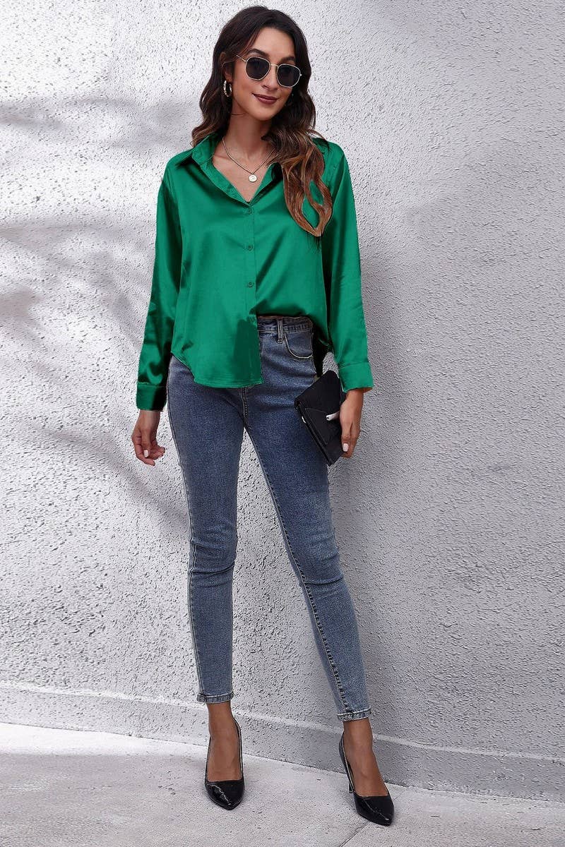 CWTBLL0691_Button Down Silky Satin Long Sleeve Top