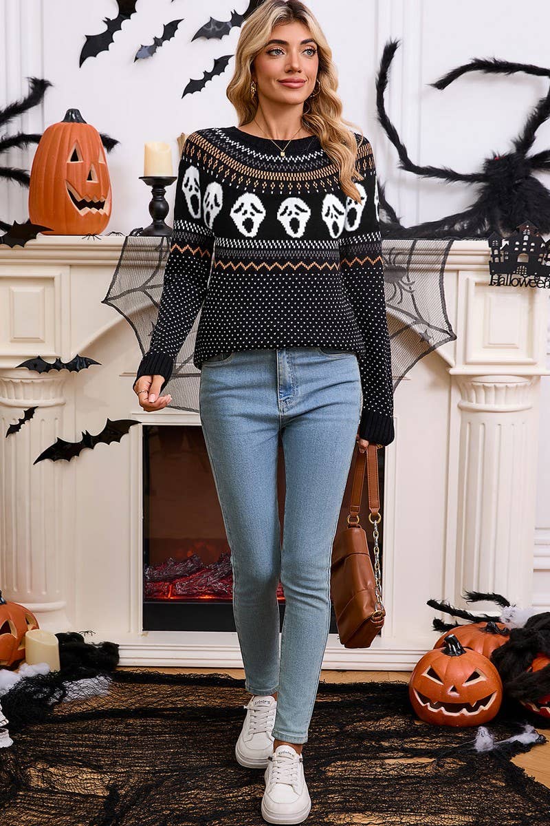 CWOSWL07357_LOOSE HALLOWEEN SKULL JACQUARD CREWNECK SWEATER
