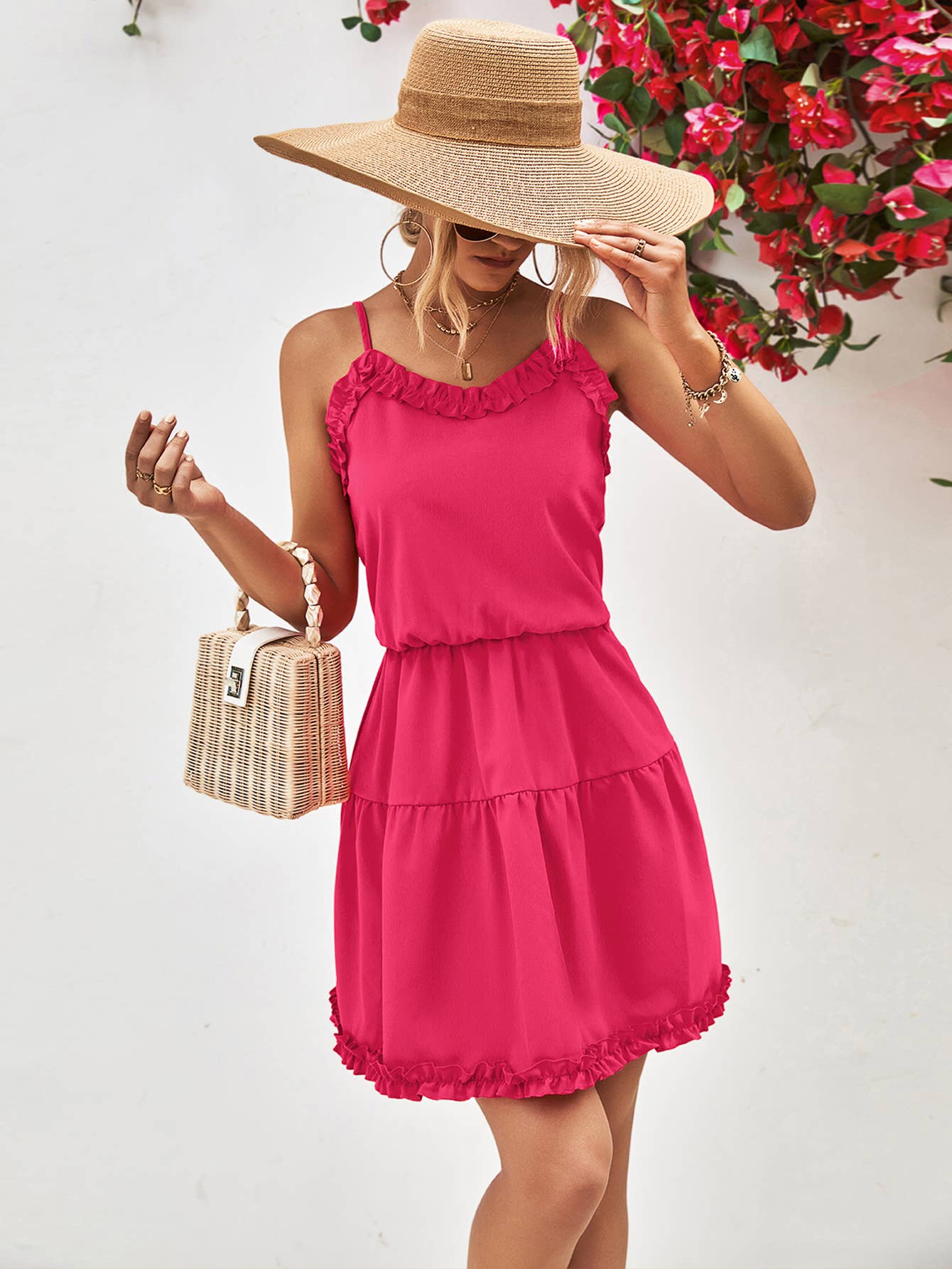 Cinched waist solid-color halter dress