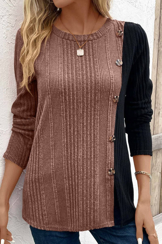 CWTBLL3195_COLORBLOCK CONTRAST BUTTON-DOWN SLIT CASUAL TOP