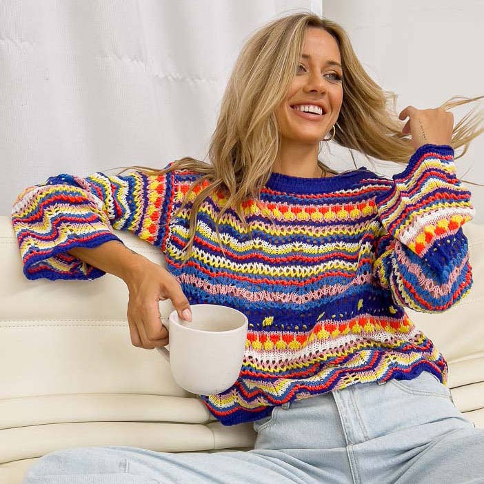 CREW NECK LONG SLEEVE PATCHWORK PULLOVER SWEATER