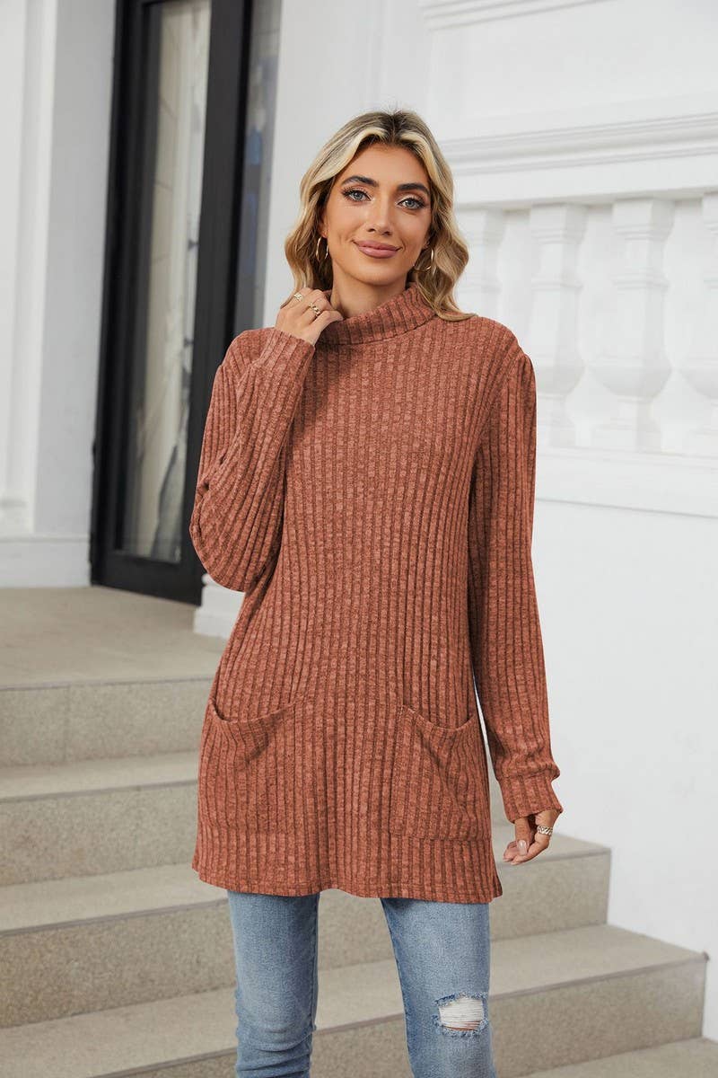 CWTBLL2364_HALF TURTLENECK LONG SLEEVE CASUAL POCKET TOP