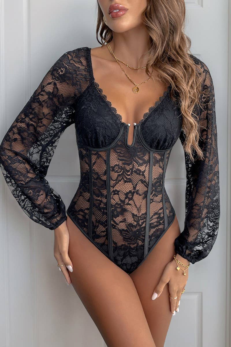 CWSBSL0131_SEXY V-NECK LACE STITCHING DRAWSTRING BODYSUIT