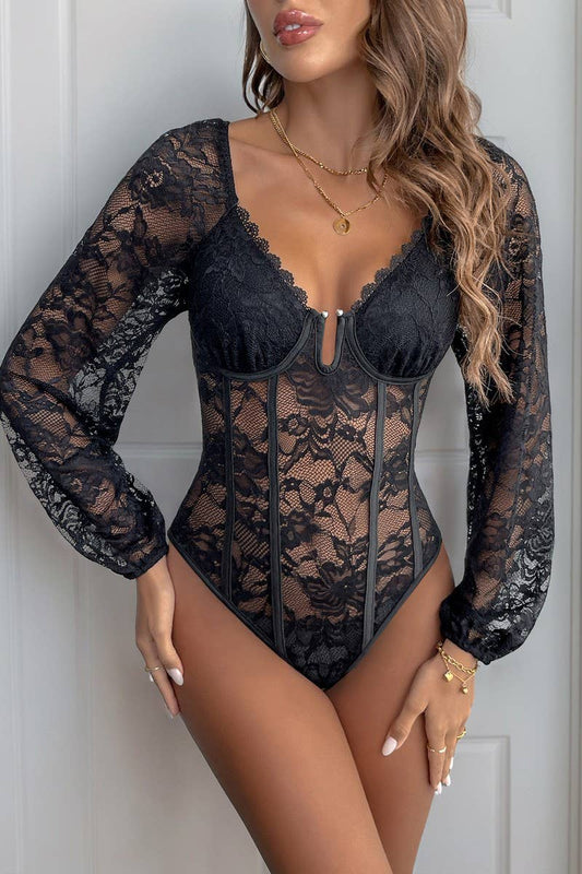 CWSBSL0131_SEXY V-NECK LACE STITCHING DRAWSTRING BODYSUIT