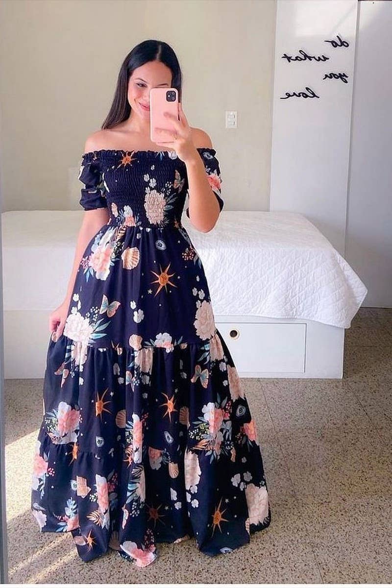CWDMD5871_OFF SHOULDER FLORAL PRINT MAXI FAIRY DRESS