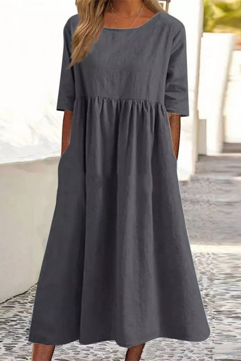 CWDMD01005_ROUND NECK SOLID COLOR COTTON AND LINEN DRESS