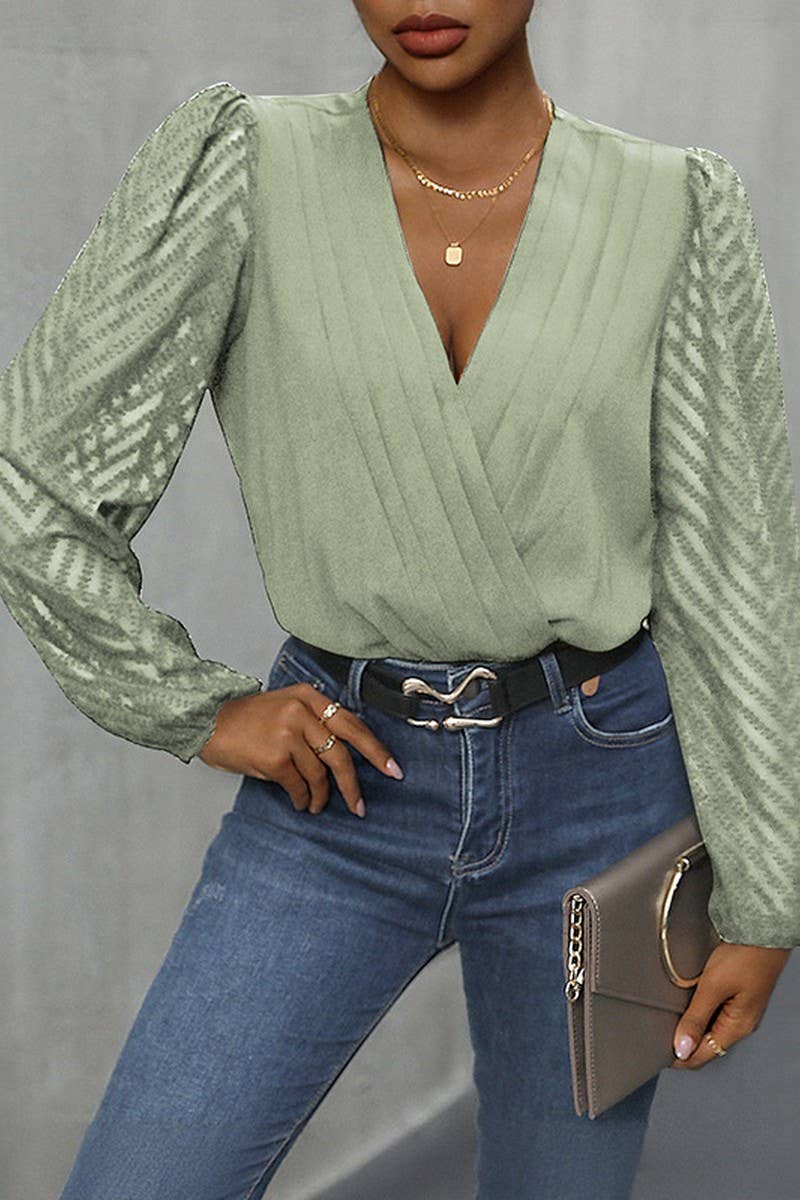 CWSBSL00030_SOLID V-NECK RUFFLE LACE SHEER BODYSUIT