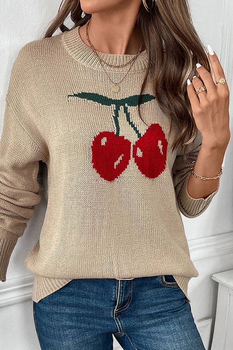 CWOSWL5913_CREW NECK CHERRY VALENTINE'S CHRISTMAS SWEATER