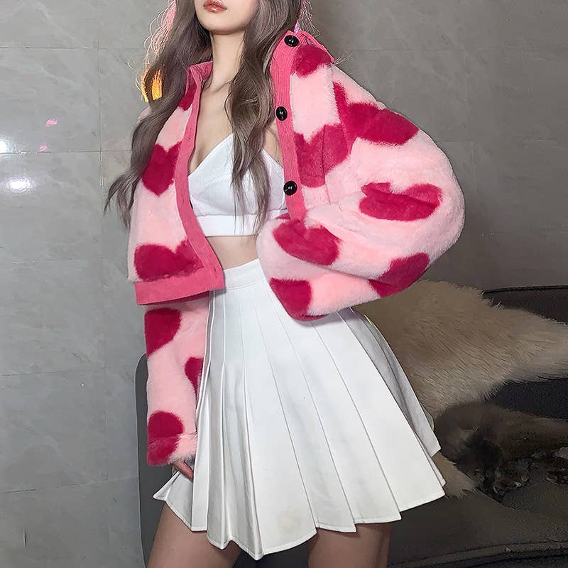 COLOR CONTRAST FASHION LOVE LAPEL PLUSH COAT