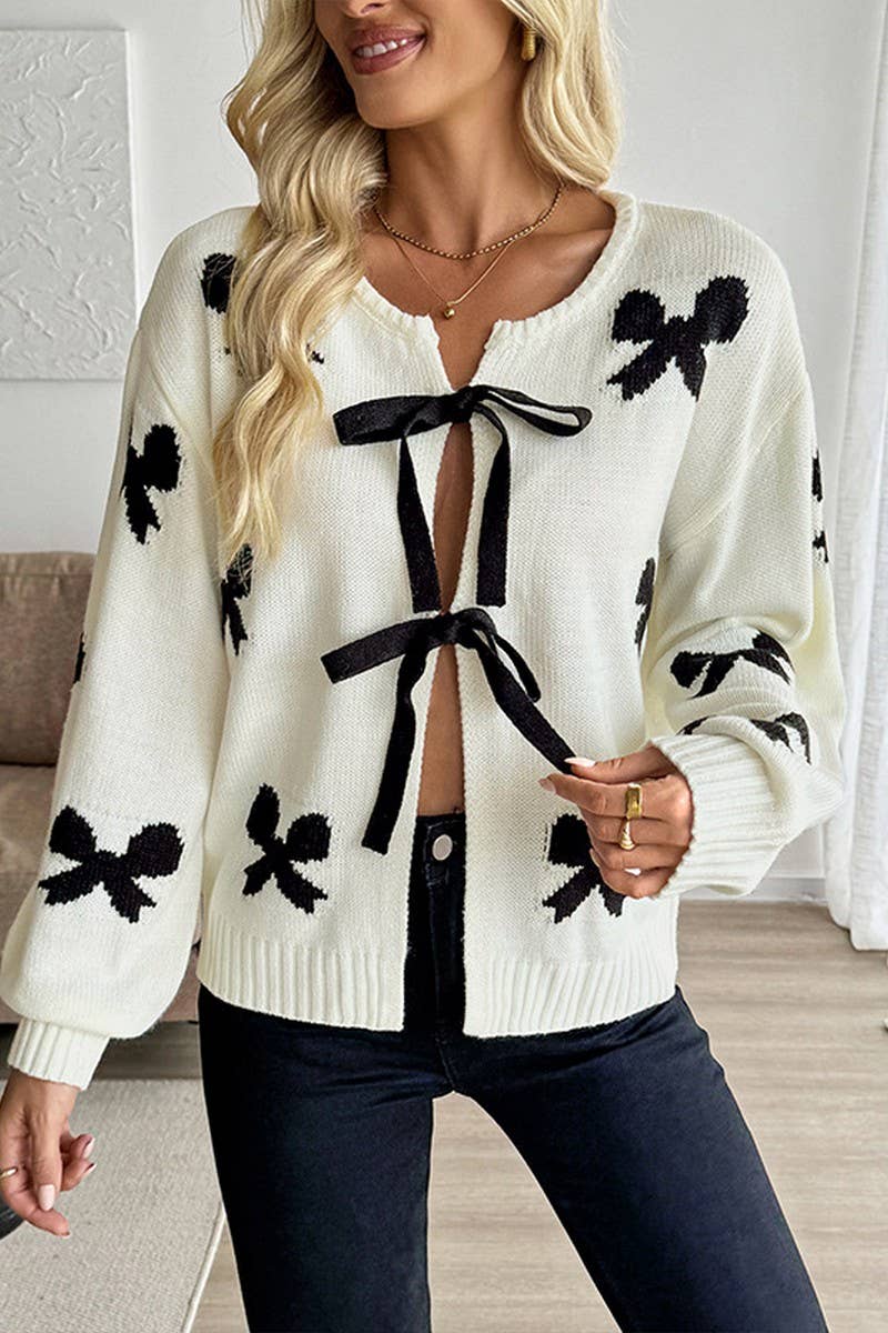 CWOCAL2318_WOMEN'S TIE FRONT BOW KNIT CARDIGAN SWEATER