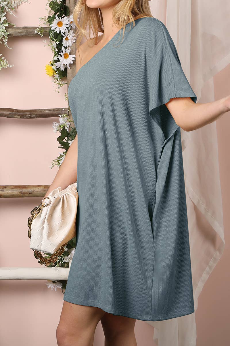 CWDSD10361_ SOFT ONE SHOULDER WITH SIDE POCKET SUMMER DRESS