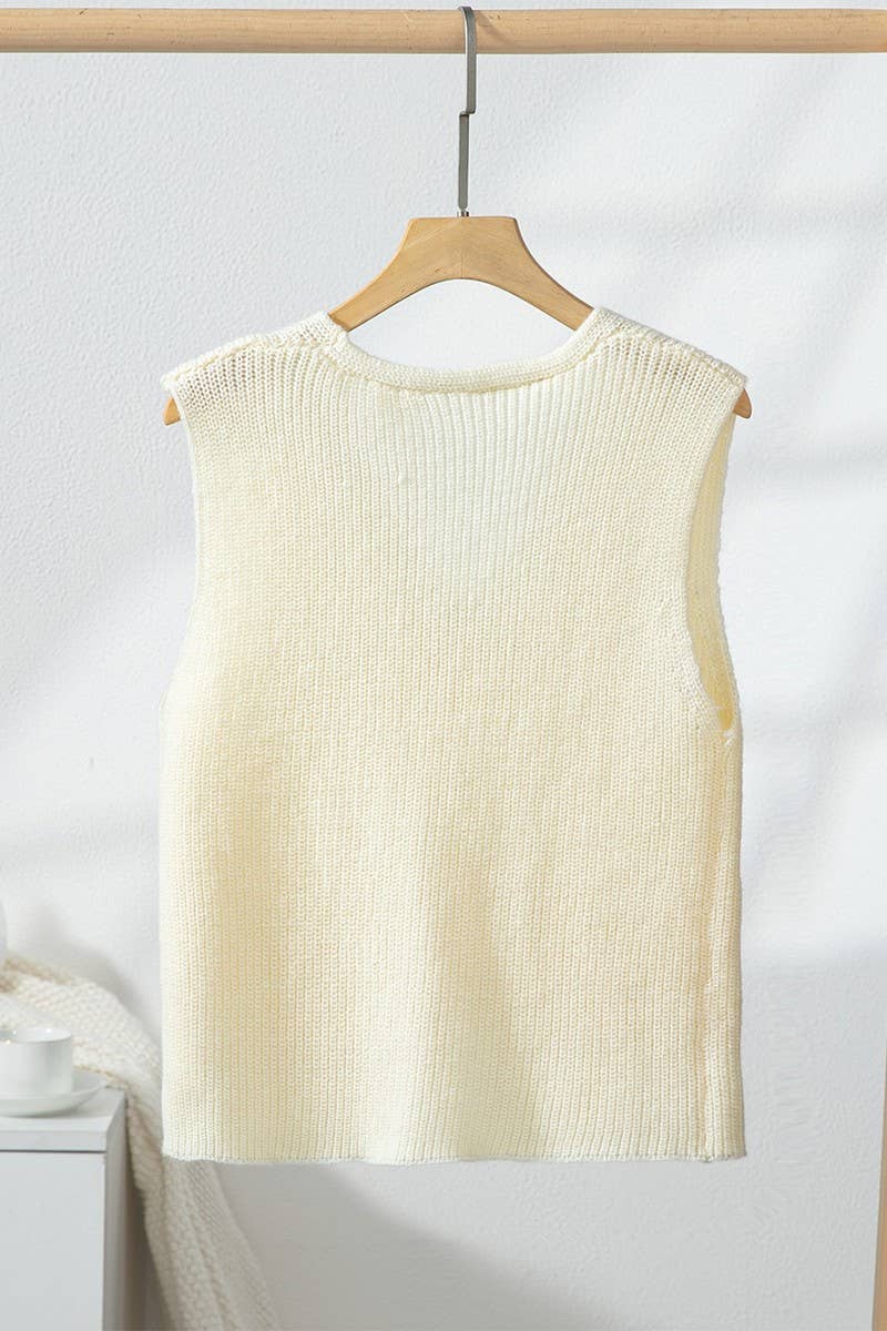 CWOV0791_SOLID V-NECK SINGLE BUTTON KNIT VEST