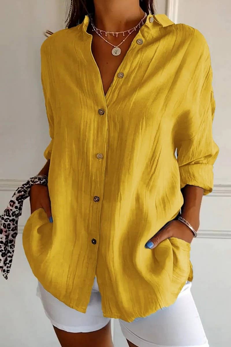 CWTSTL2281_SOLID COLOR SINGLE BREASTED PLEATED LAPEL SHIRT