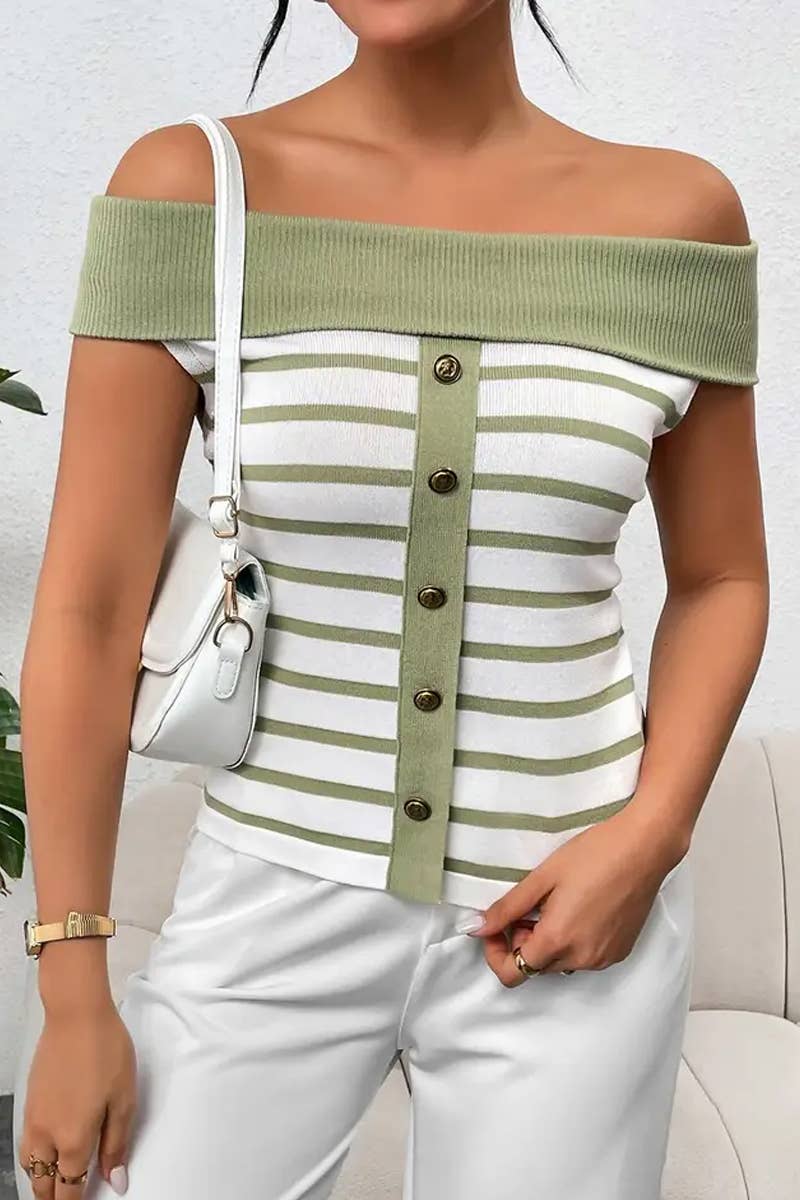 CWTTS1306_FASHION STRIPED OFF-SHOULDER BOAT NECK SWEATER
