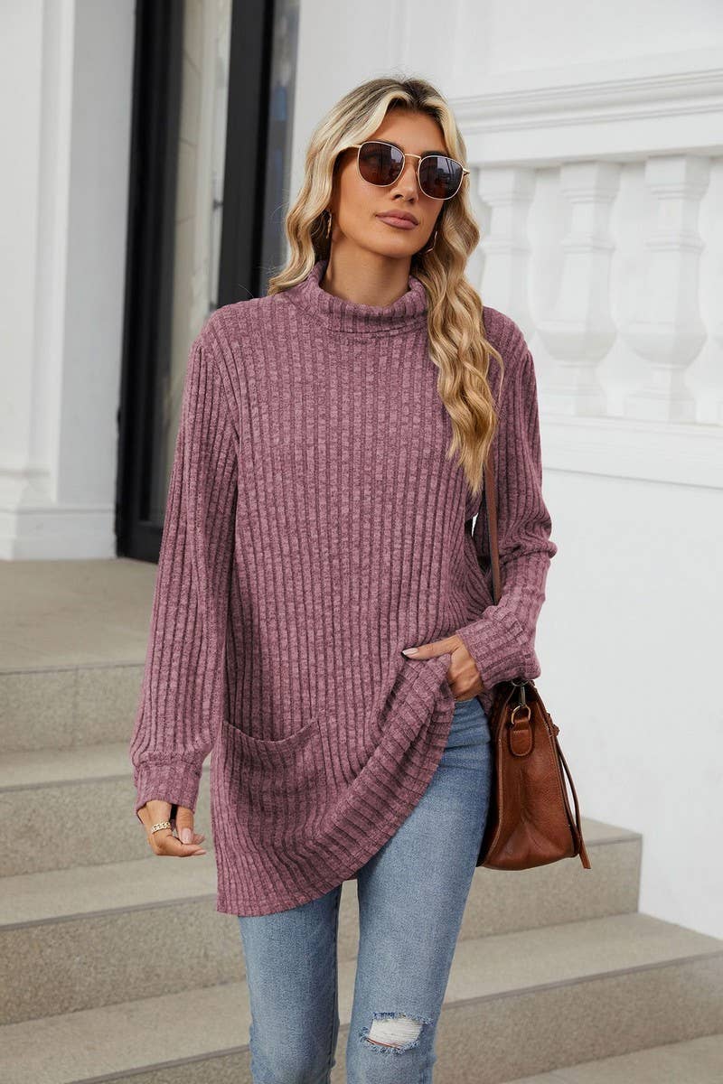 CWTBLL2364_HALF TURTLENECK LONG SLEEVE CASUAL POCKET TOP