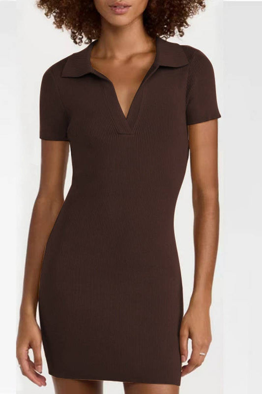 CWDSD7459_RIBBED DEEP V LAPEL SHORT SLEEVE BODYCON DRESS