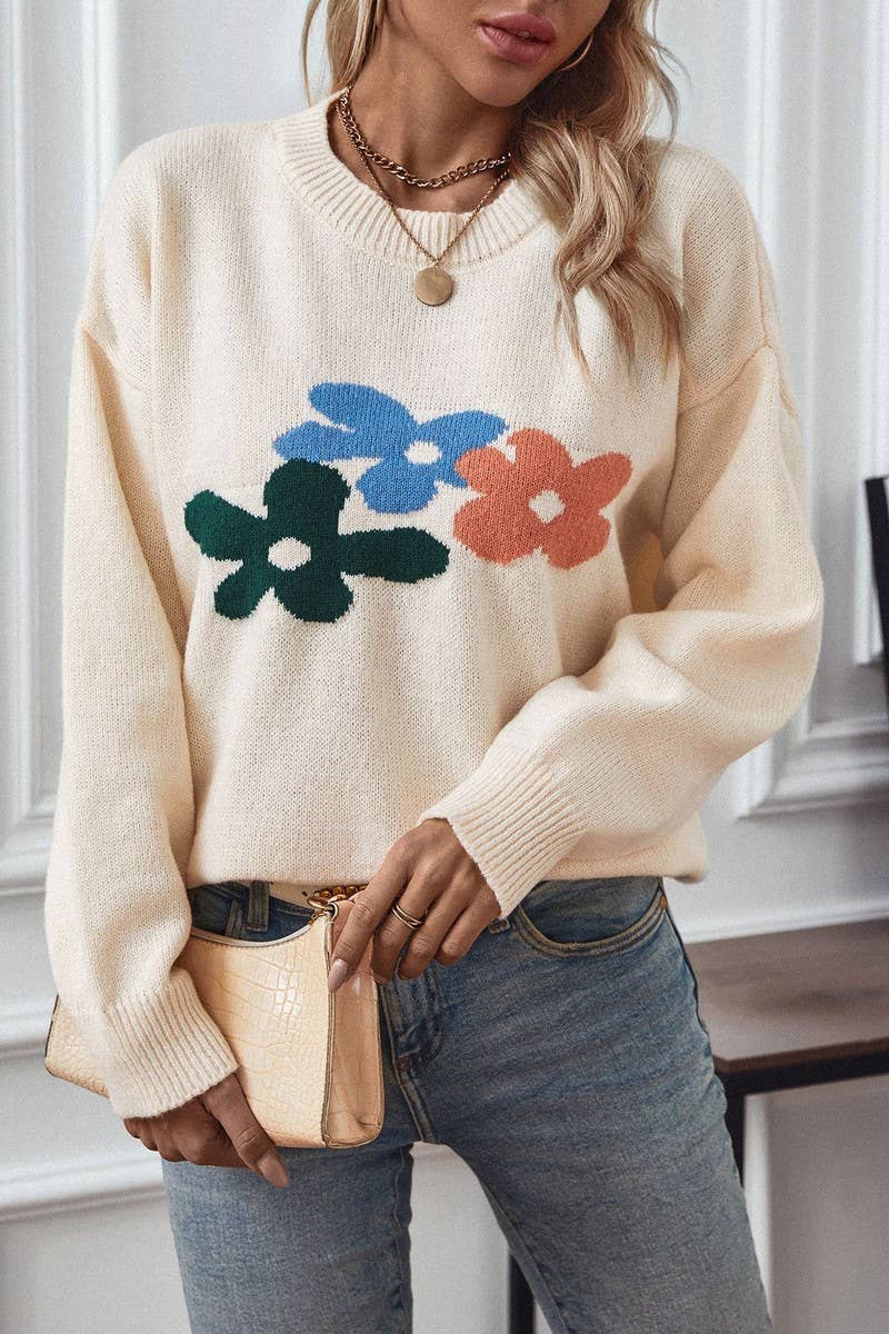 CWOSWL2914_CASUAL FLORAL PRINT CREW NECK KNIT TOP