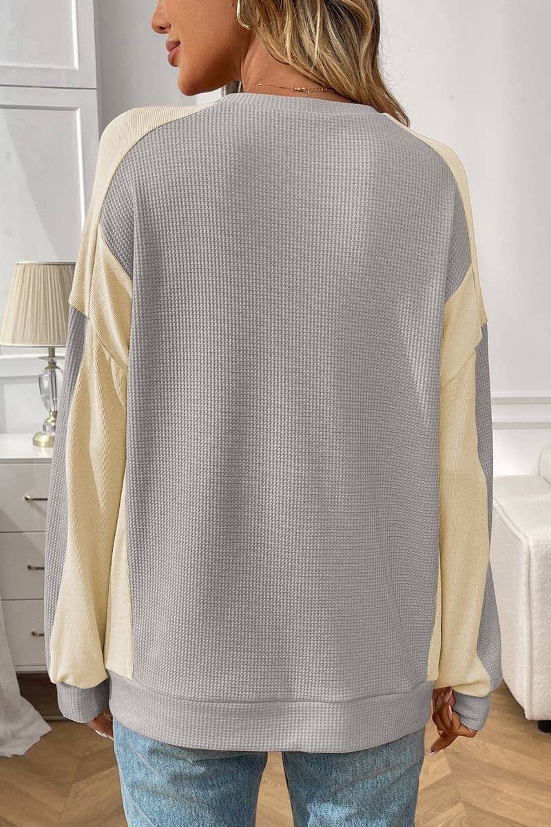 CWTBLL00833_COLORBLOCK CREWNECK WAFFLE KNIT LOOSE TOP
